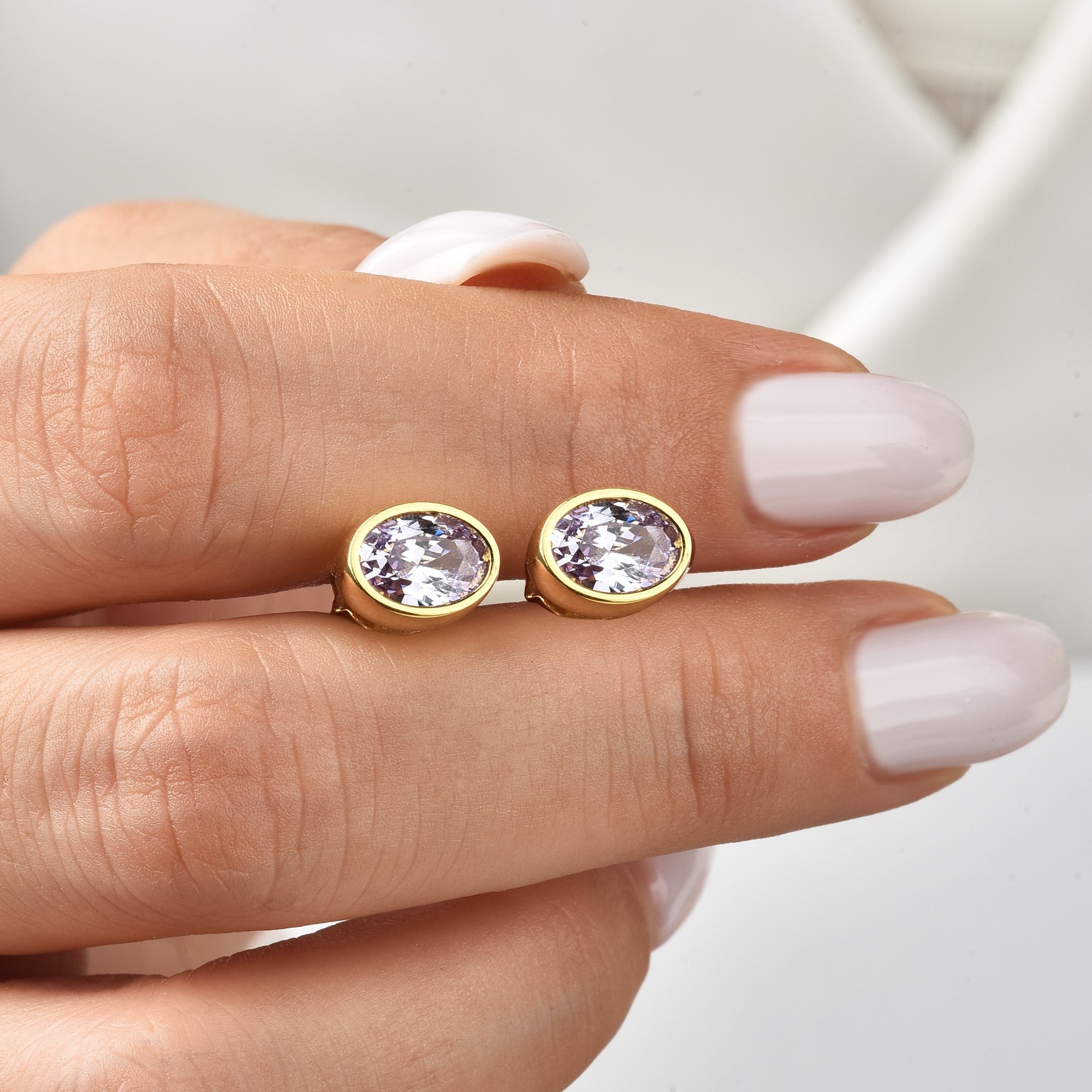Oval Alexandrite Bezel Stud Earrings in 14K Solid Gold, June Birthstone Queen Jewelry Earrings