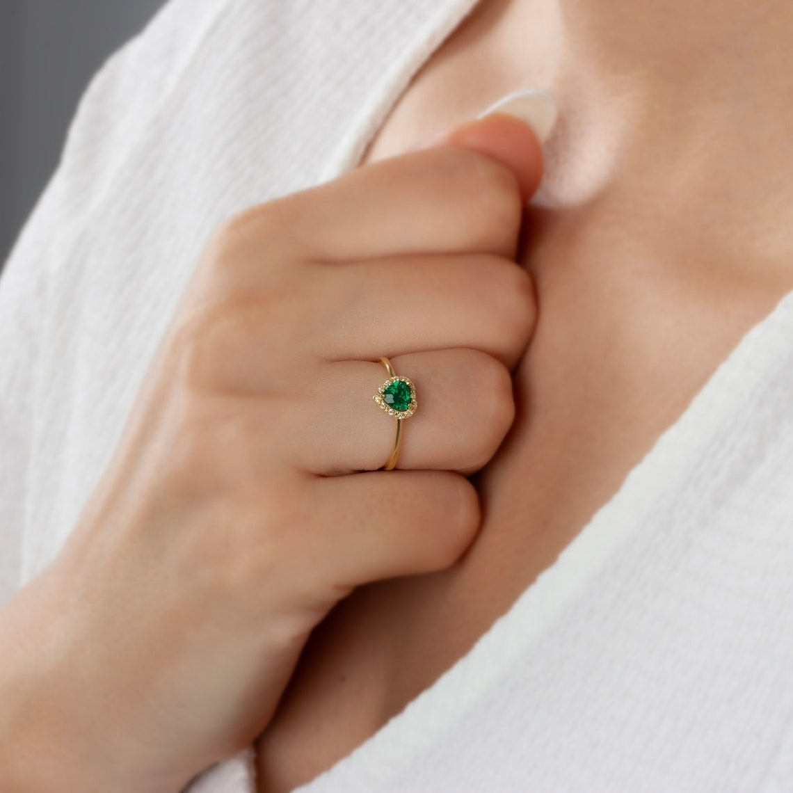 Real Diamond Heart Emerald Ring 8K/10K/14K Solid Gold