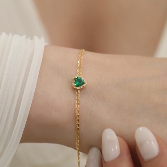 Emerald Heart Bracelet with Real Diamond, 8K/10K/14K Solid Gold, May Birthstone