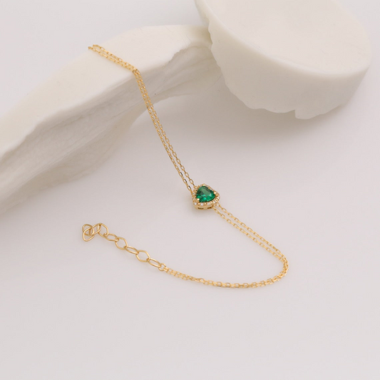 Emerald Heart Bracelet with Real Diamond, 8K/10K/14K Solid Gold, May Birthstone