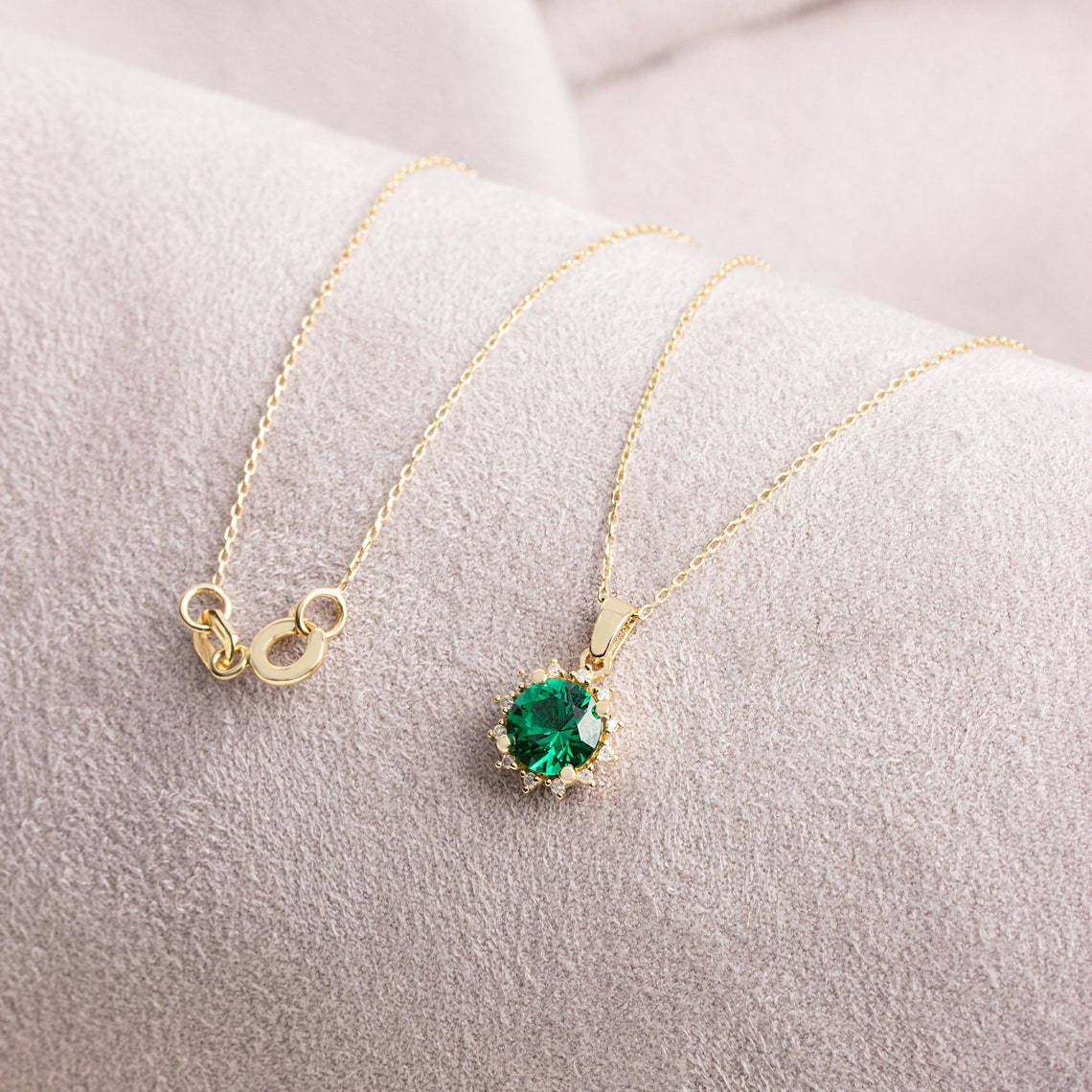 Round Emerald Necklace with Real Diamonds, 8K/10K/14K Solid Gold May Birthstone