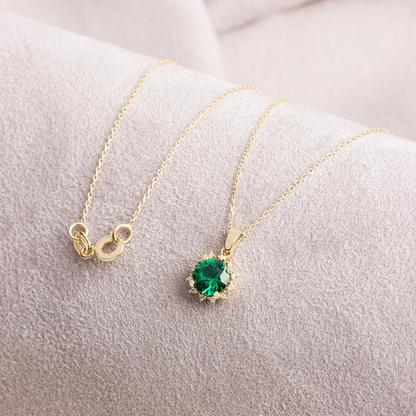 Round Emerald Necklace with Real Diamonds, 8K/10K/14K Solid Gold May Birthstone