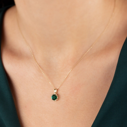 Round Emerald Necklace with Real Diamonds, 8K/10K/14K Solid Gold May Birthstone