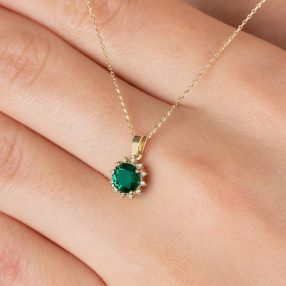Round Emerald Necklace with Real Diamonds, 8K/10K/14K Solid Gold May Birthstone