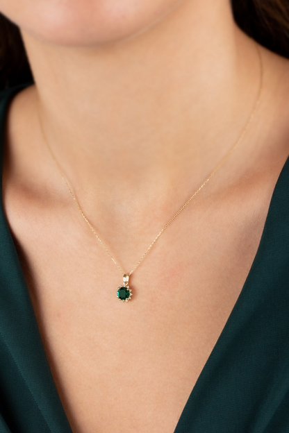Round Emerald Necklace with Real Diamonds, 8K/10K/14K Solid Gold May Birthstone