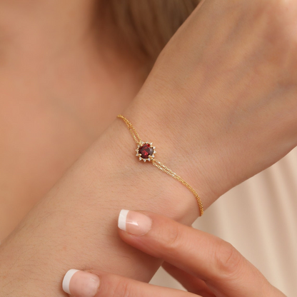 Round Garnet Bracelet with Real Diamond, 8K/10K/14K Solid Gold, January Birthstone