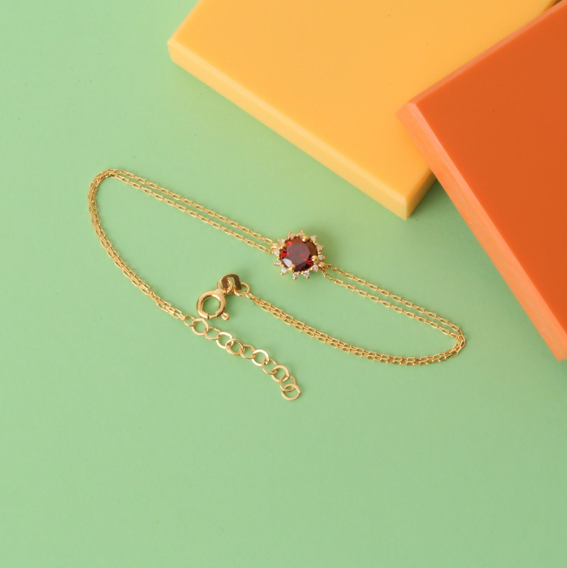 Round Garnet Bracelet with Real Diamond, 8K/10K/14K Solid Gold, January Birthstone