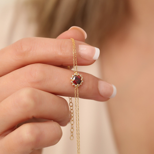Round Garnet Bracelet with Real Diamond, 8K/10K/14K Solid Gold, January Birthstone
