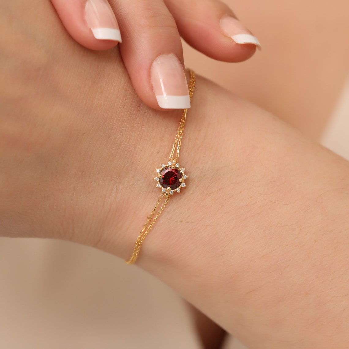 Round Garnet Bracelet with Real Diamond, 8K/10K/14K Solid Gold, January Birthstone