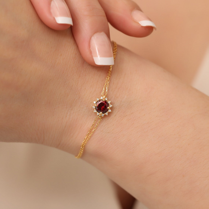 Round Garnet Bracelet with Real Diamond, 8K/10K/14K Solid Gold, January Birthstone