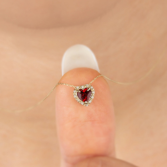 Garnet Heart Necklace with Real Diamond, 8K/10K/14K Solid Gold, January Birthstone