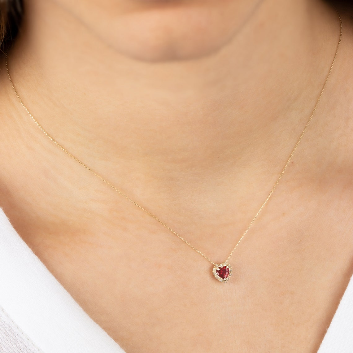 Garnet Heart Necklace with Real Diamond, 8K/10K/14K Solid Gold, January Birthstone