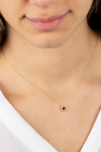Garnet Heart Necklace with Real Diamond, 8K/10K/14K Solid Gold, January Birthstone