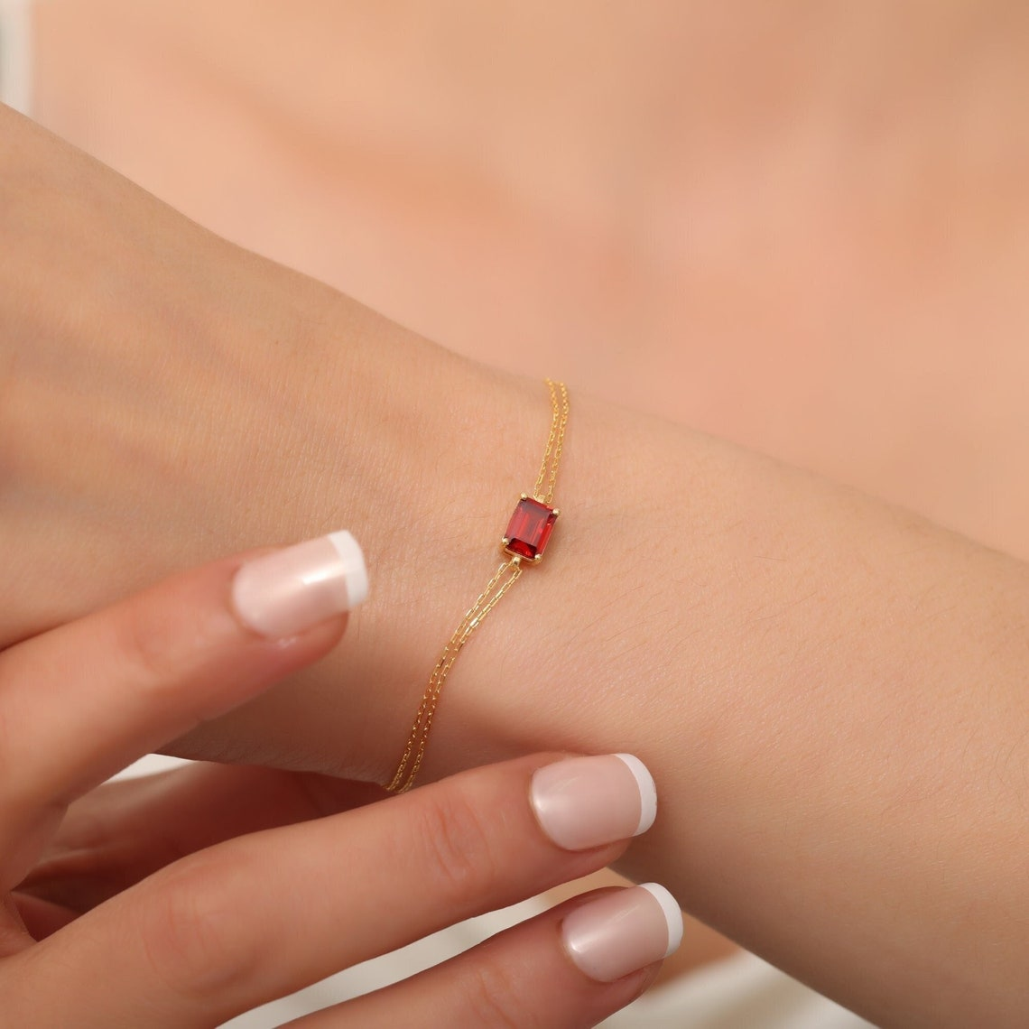 Rectangle Garnet Bracelet 8K/10K/14K Solid Gold, Dainty Gold Baguette January Birthstone