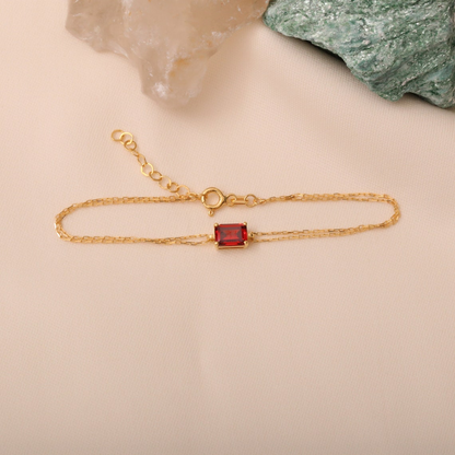 Rectangle Garnet Bracelet 8K/10K/14K Solid Gold, Dainty Gold Baguette January Birthstone