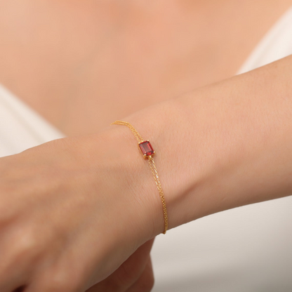 Rectangle Garnet Bracelet 8K/10K/14K Solid Gold, Dainty Gold Baguette January Birthstone