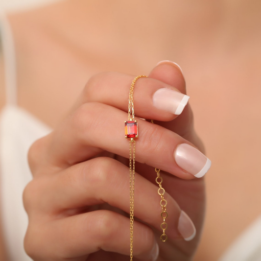Rectangle Garnet Bracelet 8K/10K/14K Solid Gold, Dainty Gold Baguette January Birthstone