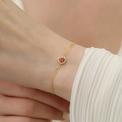 Garnet Heart Bracelet with Real Diamond, 8K/10K/14K Solid Gold, January Birthstone
