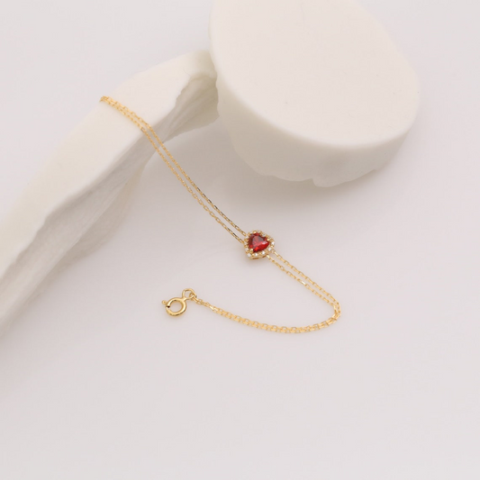 Garnet Heart Bracelet with Real Diamond, 8K/10K/14K Solid Gold, January Birthstone