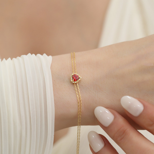 Garnet Heart Bracelet with Real Diamond, 8K/10K/14K Solid Gold, January Birthstone
