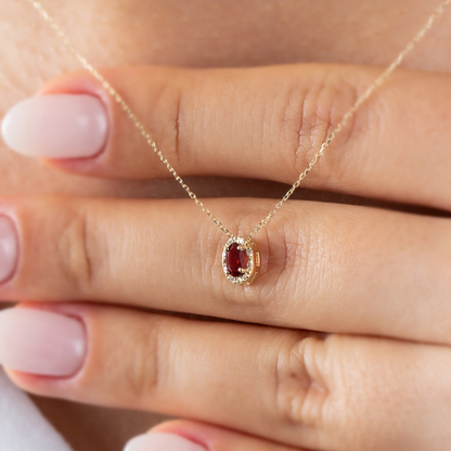 Oval Cut Garnet Necklace with Real Diamonds in 8K/10K/14K Solid Gold, January Birthstone Pendant
