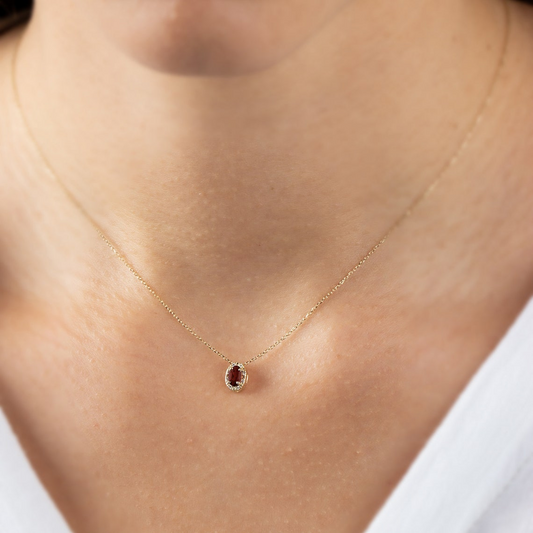 Oval Cut Garnet Necklace with Real Diamonds in 8K/10K/14K Solid Gold, January Birthstone Pendant