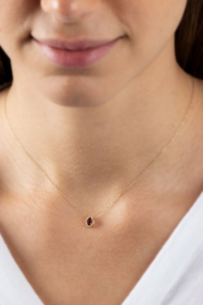 Oval Cut Garnet Necklace with Real Diamonds in 8K/10K/14K Solid Gold, January Birthstone Pendant