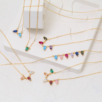 Personalized 14K Solid Gold Teardrop Birthstone Necklace, Choose 1-7 Gemstones Queen Jewelry Necklace