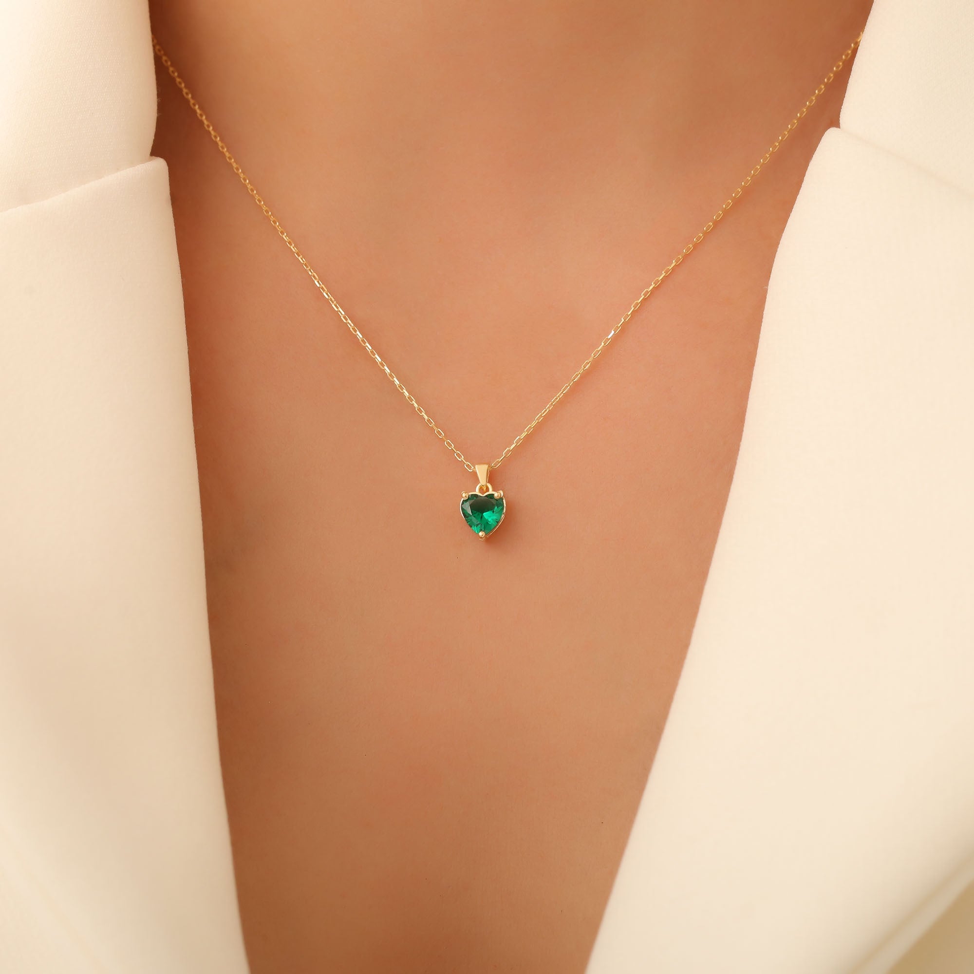 Emerald Heart Necklace in 14K Solid Gold | May Birthstone Pendant Queen Jewelry Necklace