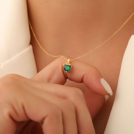 Emerald Heart Necklace in 14K Solid Gold | May Birthstone Pendant Queen Jewelry Necklace