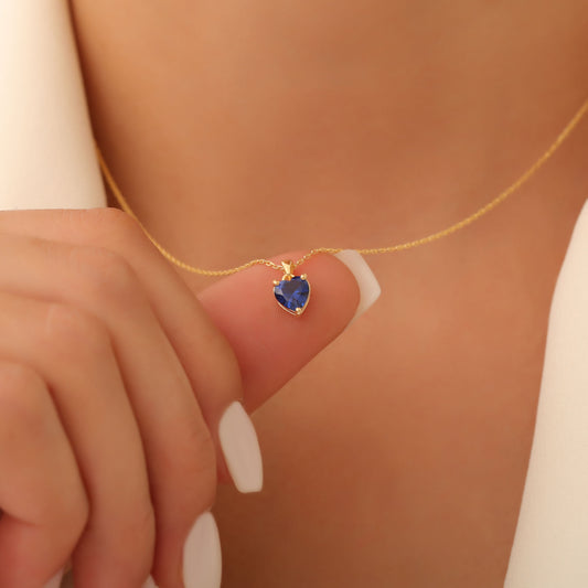 Sapphire Heart Necklace in 14K Solid Gold | September Birthstone Pendant Queen Jewelry Necklace