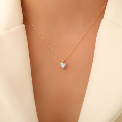 Aquamarine Heart Necklace in 14K Solid Gold | March Birthstone Pendant Queen Jewelry Necklace