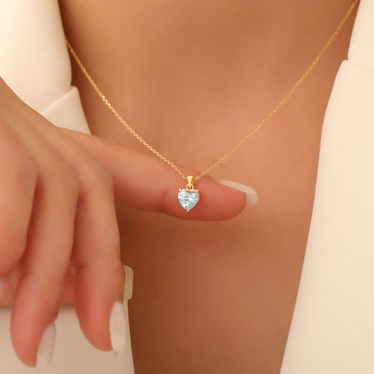 Aquamarine Heart Necklace in 14K Solid Gold | March Birthstone Pendant Queen Jewelry Necklace
