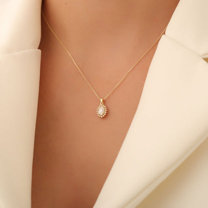 Oval Cut White Topaz Necklace with Real Diamonds, 10K/14K Solid Gold, April Birthstone Pendant