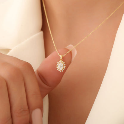 Oval Cut White Topaz Necklace with Real Diamonds, 10K/14K Solid Gold, April Birthstone Pendant