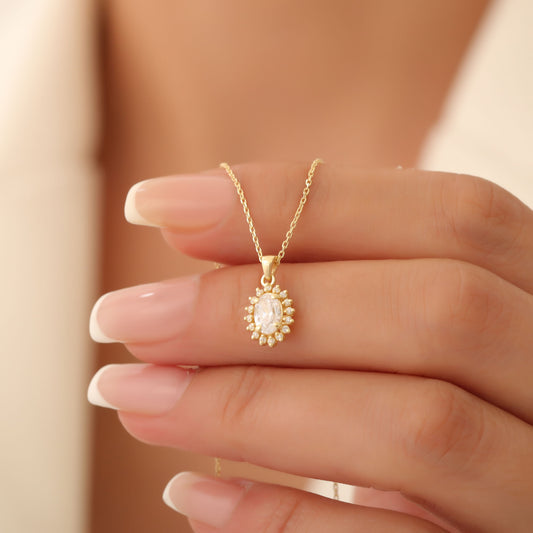 Oval Cut White Topaz Necklace with Real Diamonds, 10K/14K Solid Gold, April Birthstone Pendant