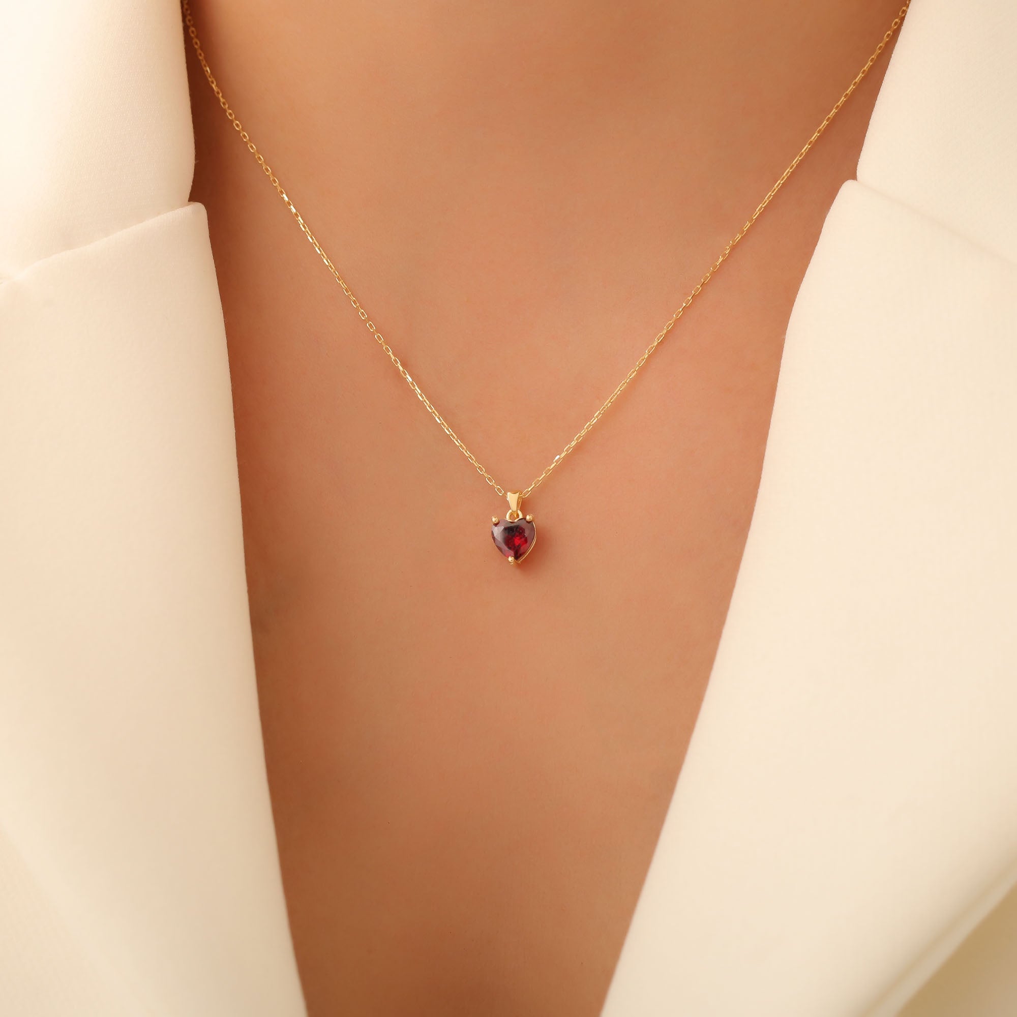 Garnet Heart Necklace in 14K Solid Gold | January Birthstone Pendant Queen Jewelry Necklace