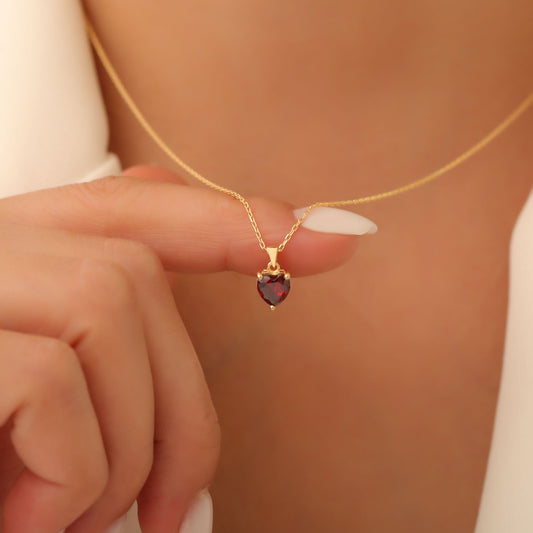 Garnet Heart Necklace in 14K Solid Gold | January Birthstone Pendant Queen Jewelry Necklace
