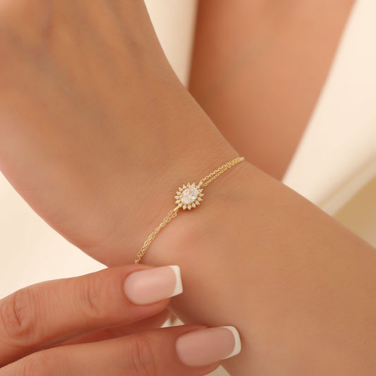 White Topaz Oval Bracelet 8K/10K/14K Solid Gold Surrounded by Real Diamonds, April Birthstone Gift