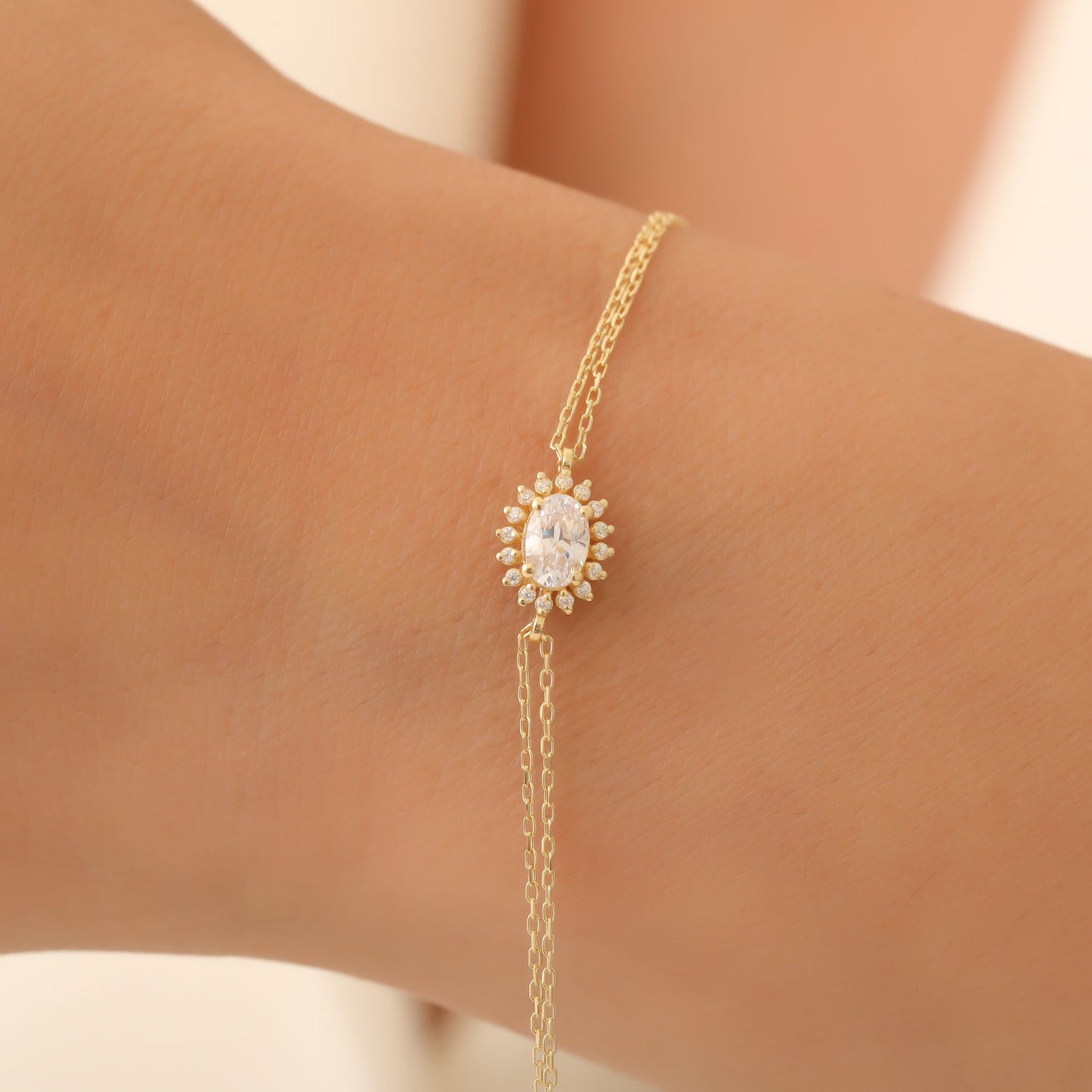 White Topaz Oval Bracelet 8K/10K/14K Solid Gold Surrounded by Real Diamonds, April Birthstone Gift