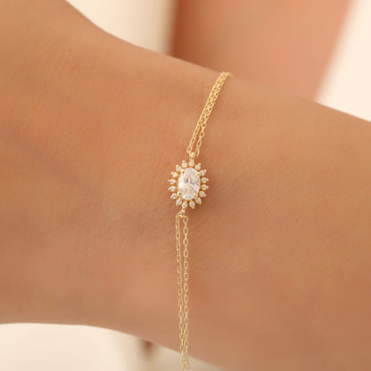 White Topaz Oval Bracelet 8K/10K/14K Solid Gold Surrounded by Real Diamonds, April Birthstone Gift