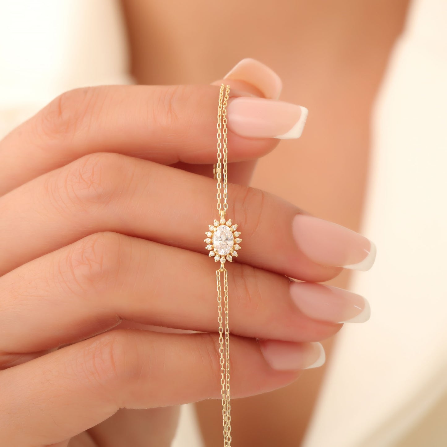 White Topaz Oval Bracelet 8K/10K/14K Solid Gold Surrounded by Real Diamonds, April Birthstone Gift