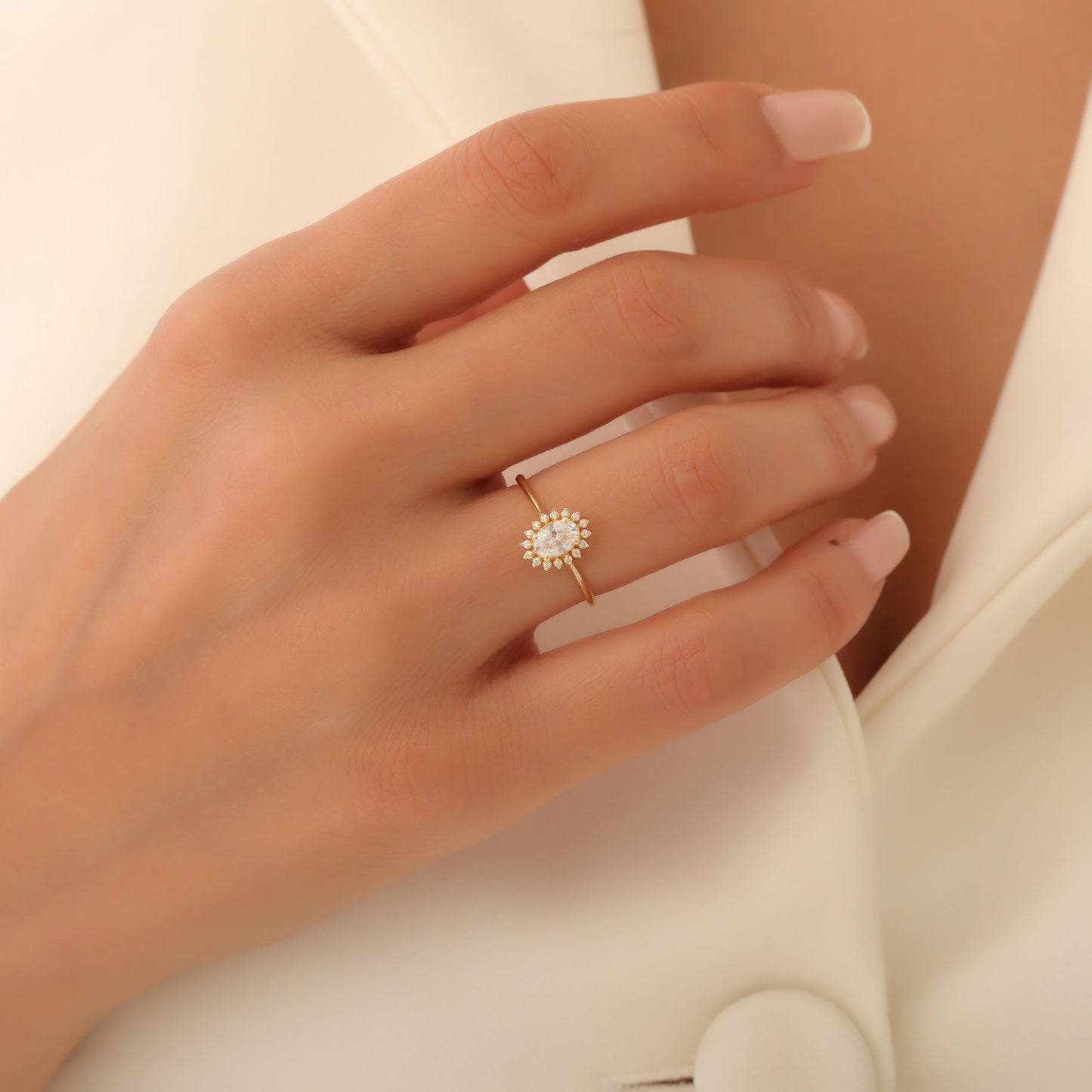 White Topaz Oval Ring 8K/10K/14K Solid Gold Surrounded by Real Diamonds, April Birthstone Gift
