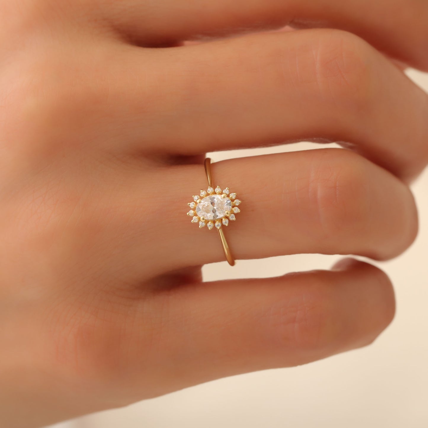 White Topaz Oval Ring 8K/10K/14K Solid Gold Surrounded by Real Diamonds, April Birthstone Gift