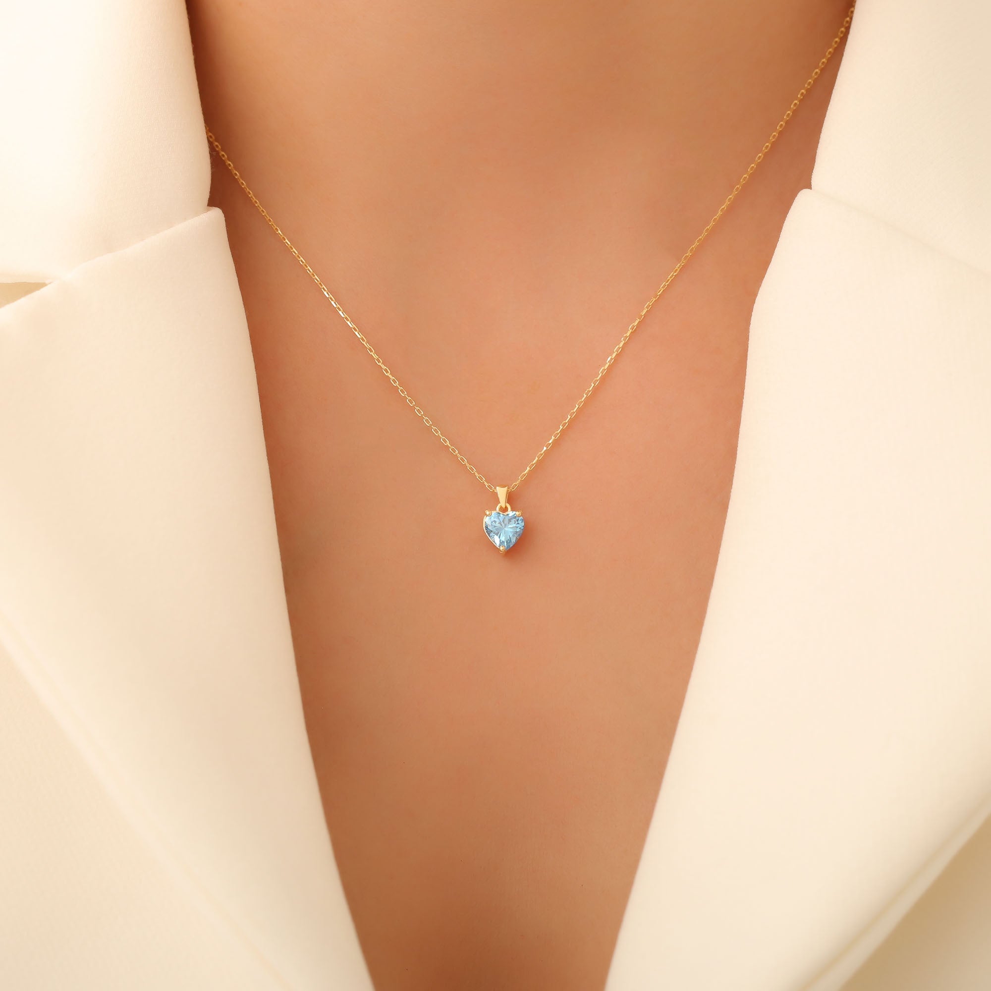 Blue Topaz Heart Necklace in 14K Solid Gold | December Birthstone Pendant Queen Jewelry Necklace