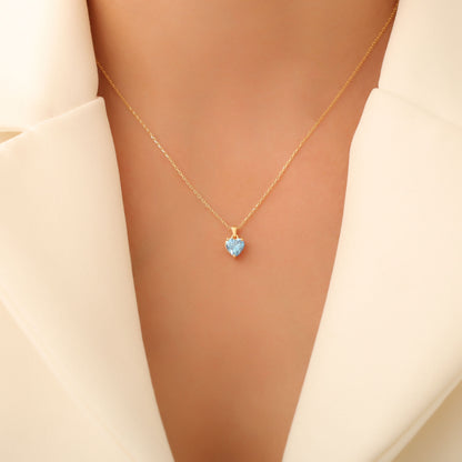 Blue Topaz Heart Necklace in 14K Solid Gold | December Birthstone Pendant Queen Jewelry Necklace