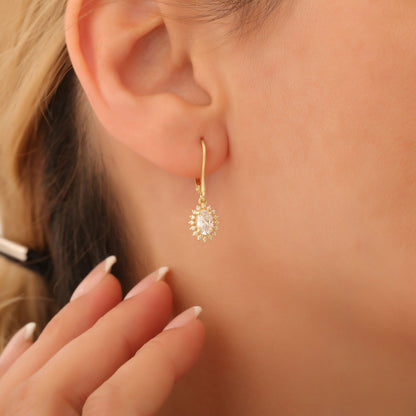 Oval Cut White Topaz Dangling Earring Surrounded by Real Diamonds, 8K/10K/14K Solid Gold, April Birthstone