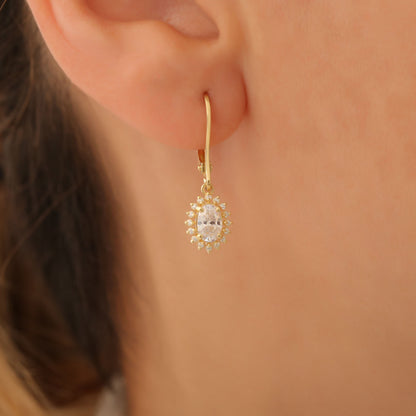 Oval Cut White Topaz Dangling Earring Surrounded by Real Diamonds, 8K/10K/14K Solid Gold, April Birthstone
