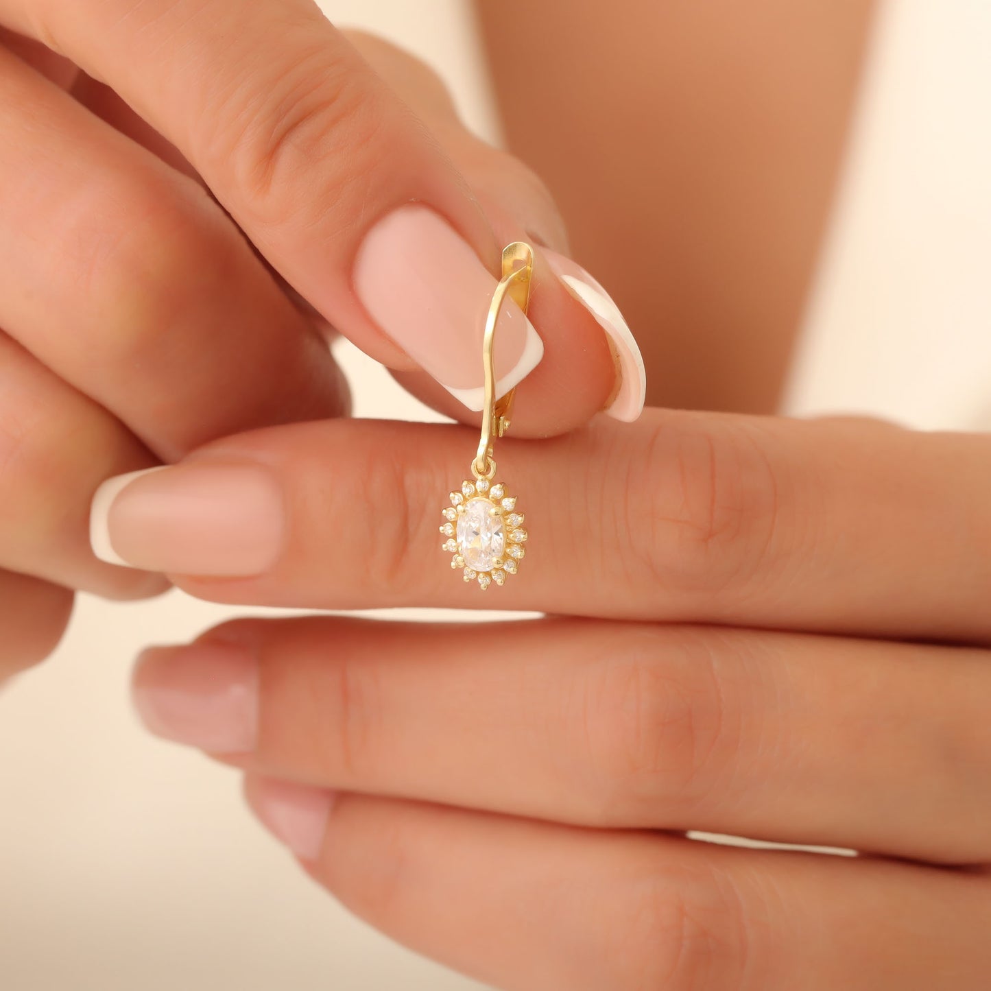 Oval Cut White Topaz Dangling Earring Surrounded by Real Diamonds, 8K/10K/14K Solid Gold, April Birthstone