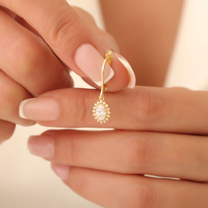 Oval Cut White Topaz Dangling Earring Surrounded by Real Diamonds, 8K/10K/14K Solid Gold, April Birthstone